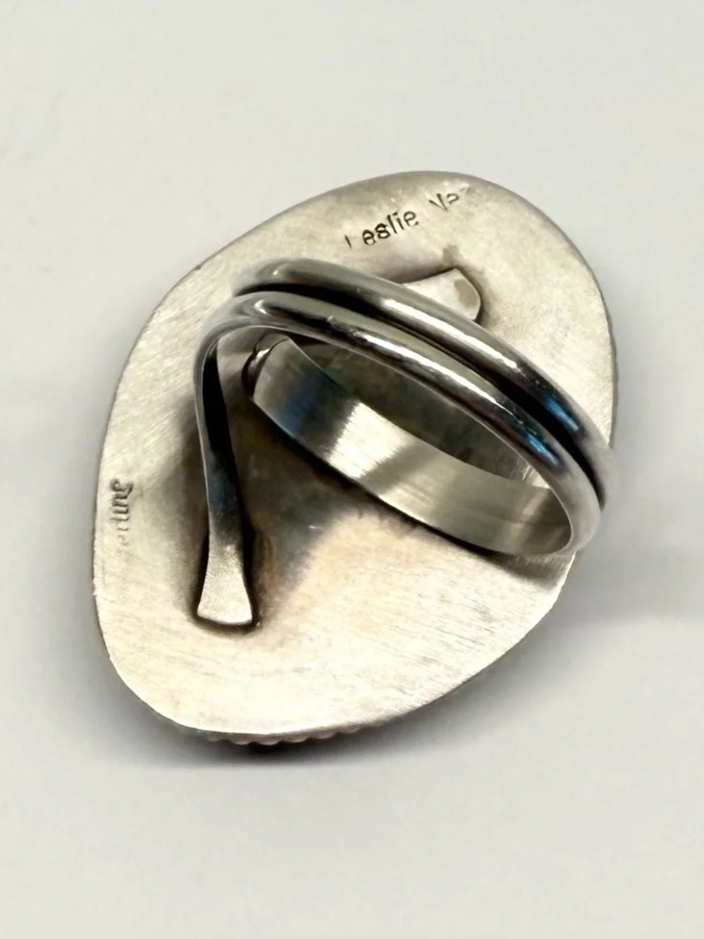 Signed Leslie Nez Sterling Silver Turquoise Adjustable Statement Ring Navajo